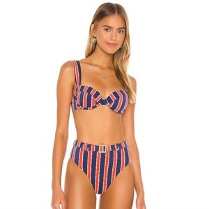 We Wore What navy striped bikini